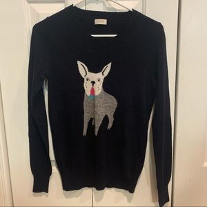 J crew dark blue Frenchie dog crewneck merino wool blend sweater